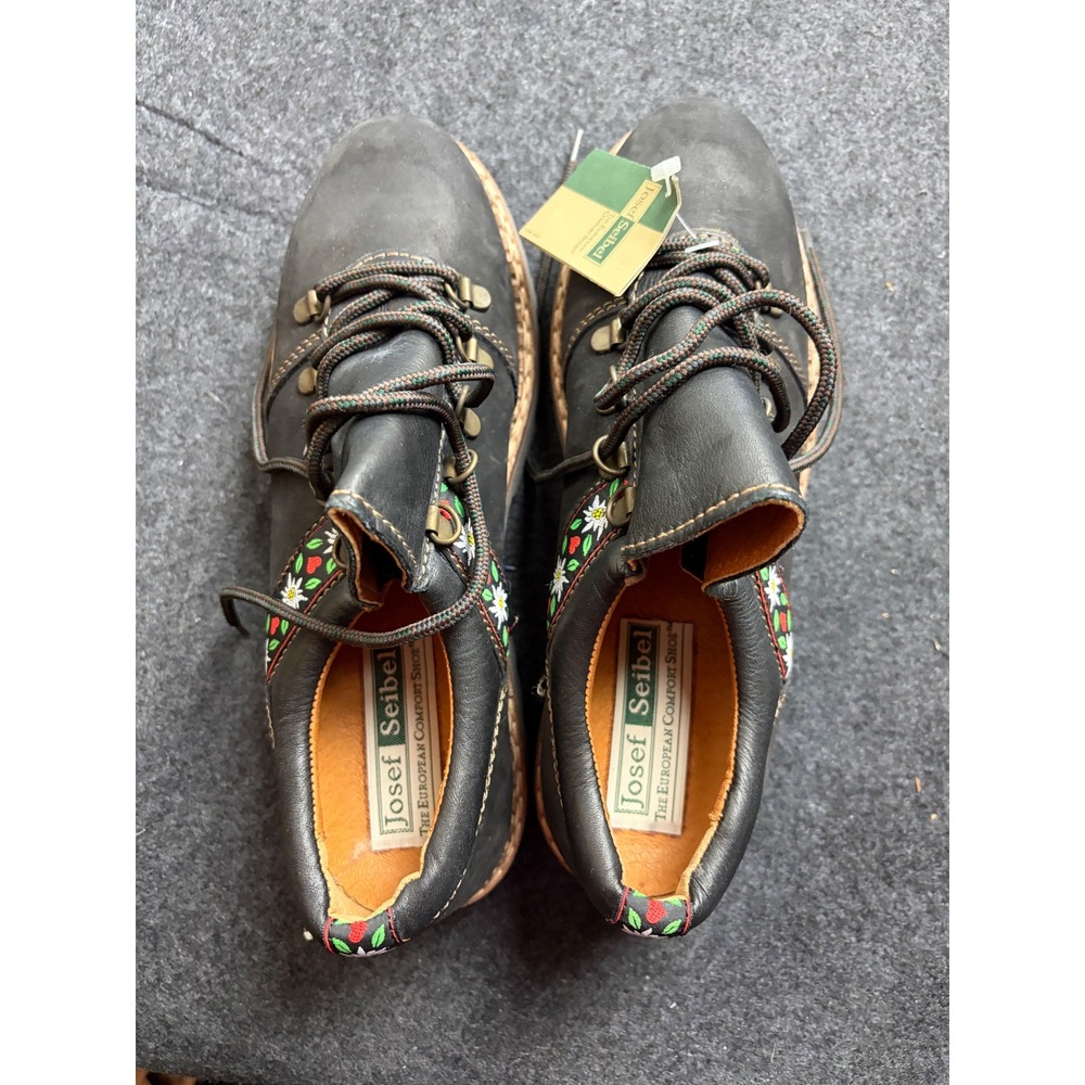 Josef Seibel Y2K Floral Embroidered Leather Lug Shoes Black 40 Hungary NWT